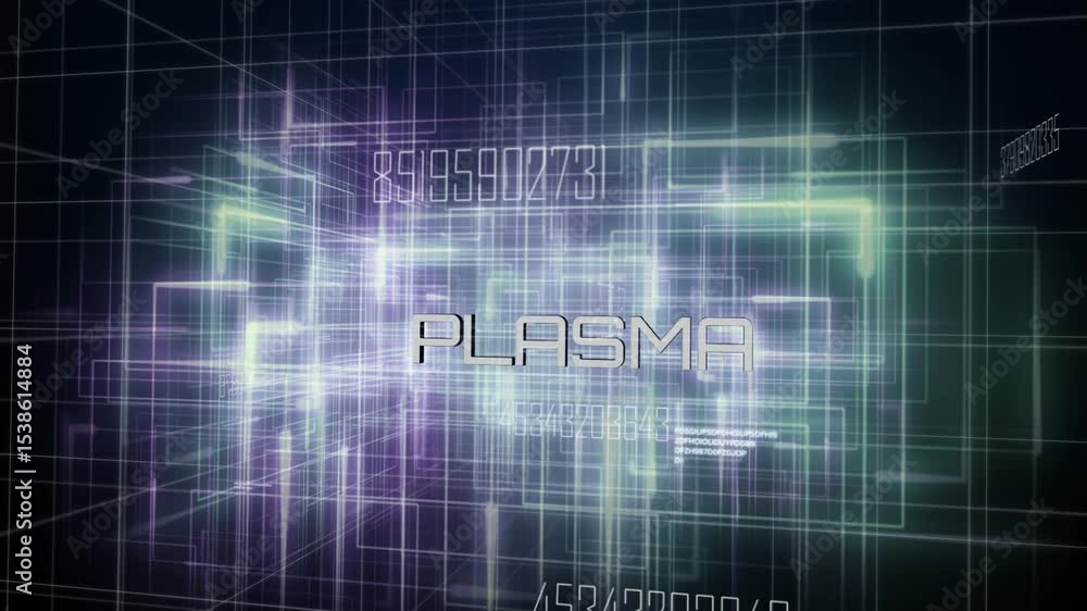 Poster initiating neon grid threading in data space, assembling 3d lattice with plasma text and codes