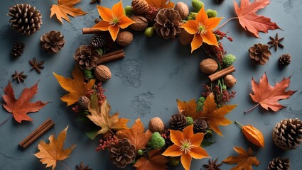 Autumn composition featuring a wreath of autumn leaves, cinnamon sticks, anise stars, physalis flowers, and pine cones in the background. Flat lay, top view, with copy space.