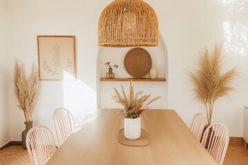 Cozy dining room with wicker decor and dried pampas grass elements