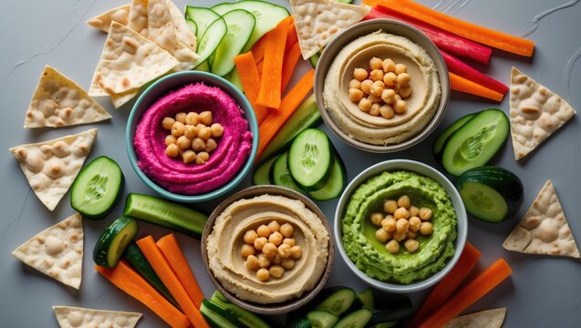 Colorful hummus in bowls, accompanied by vegetable sticks and crackers. Classic hummus, beetroot hummus, and avocado hummus. Meze and healthy snacks concept. top view.