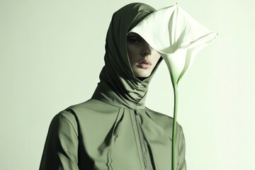 Fashionable asian woman in green hijab holding white flower against minimalist background
