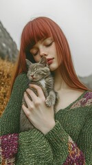 Young caucasian woman with red hair holding sleeping kitten outdoors in autumn