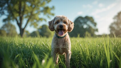 A designer dog looks on with curiosity from a field of tall grass, staring into the distance, surrounded by nature's gentle embrace and the soft outline of faraway trees.