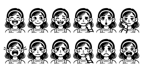 Kids emotions set in cartoon style. Cute girl faces expressions collection. Emotional intellect poster for children. Vector illustration