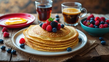 A stack of golden crepes resting on a rustic wooden table accompanied by beverages, jam, and fresh berries, presenting a relaxed and welcoming dining arrangement that reflects a cozy atmosphere.