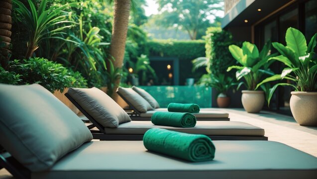 Exterior photo view of a luxury long chair with a rolled-up clean green bath beach towel beside the swimming pool at a deluxe resort hotel.