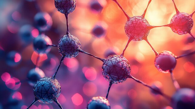 Abstract molecular structure, vibrant colors. Complex network of interconnected spheres, bokeh effect