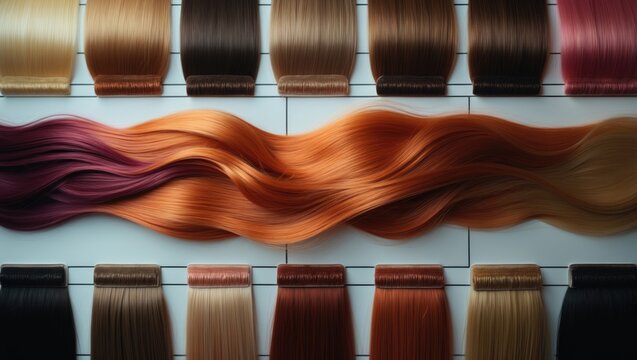 Color chart for Tints displaying a hair color palette with numerous swatches. Dyed hair color samples organized on a card in orderly rows. Tints. Color set. Hair textures in various shades.