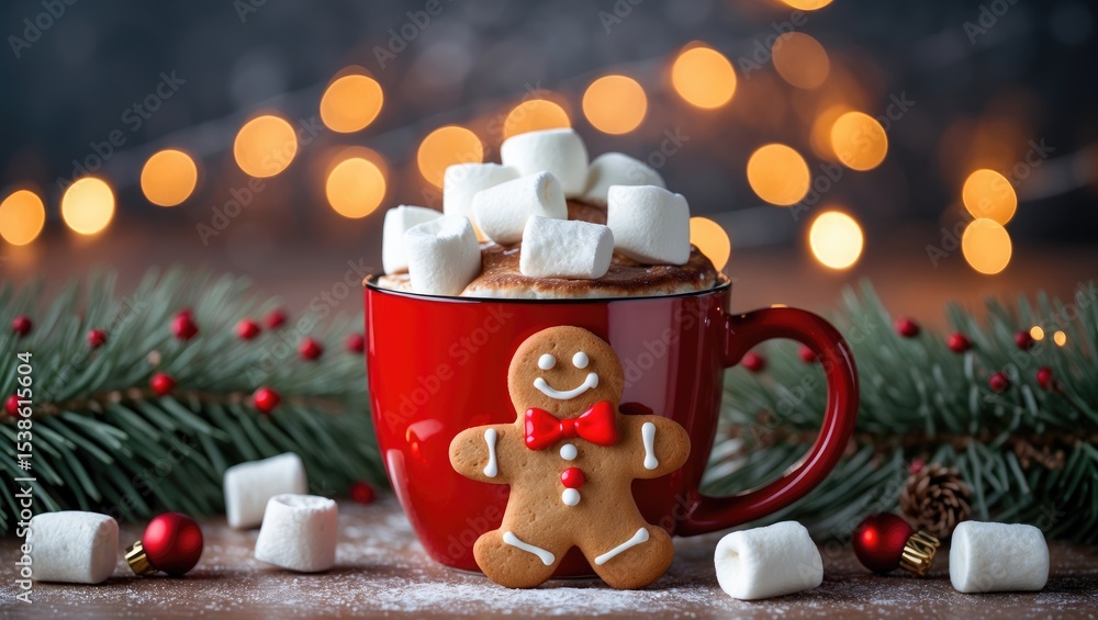 Poster a gingerbread man is seated in a red mug filled with marshmallows, amid christmas decorations such a