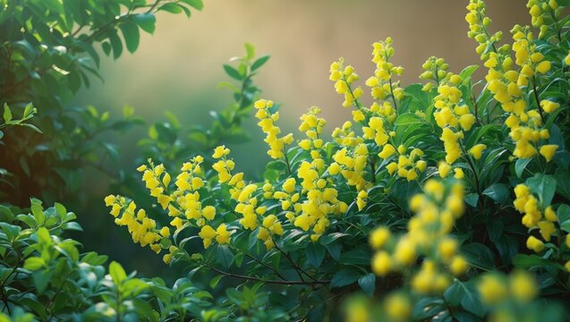 Galphimia Glauca in a garden. The flowering shrub belonging to the Malpighiaceae family is known as Galphimia Speciosa, also called Thryallis Glauca, Golden Thryallis, and Hujan Emas (Golden Shower).