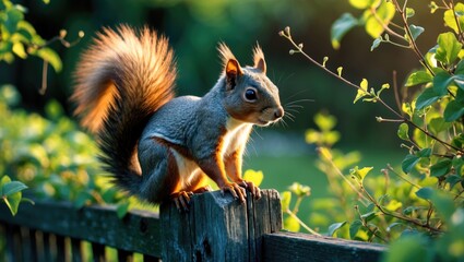 Obraz premium Gray (grey) squirrel with bushy tail perched on wooden peanut feeder attached to wooden garden fence near woodland trees and bushes