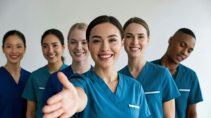 Group of smiling multiethnic nurses offering help. Healthcare and medicine concept. - Powered by Adobe