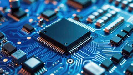 Close-up of a blue printed circuit board (PCB) featuring stripes of conductors connecting a transistor and a processor. IT technologies in programming, upgrade, and abstract background