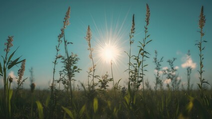 Dry reed set against a clear light blue sky on a sunny day outdoors. Abstract natural background in neutral tones. Minimal trendy pampas grass panicles. Wilting fireweed against a bright autumn sky.