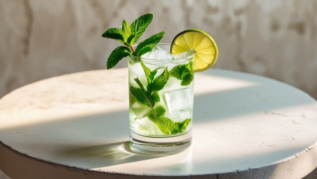 A traditional fresh tropical long drink made with rum, spearmint, lime juice, soda water, and ice, a mojito cocktail is shown on a white concrete table.