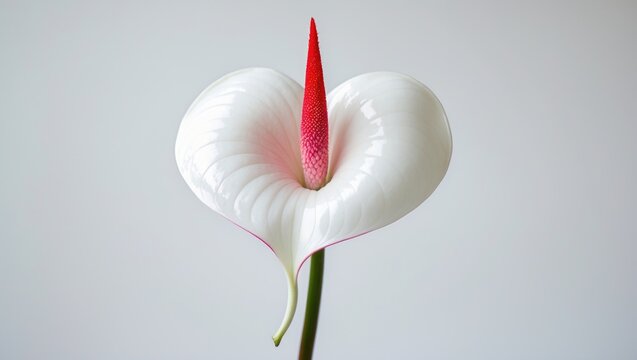 A single white flower gracefully presented against a white background. The smooth, heart-shaped spathe and slender stem create a minimalist yet captivating botanical appearance.