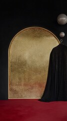 Luxurious black cape on red floor with elegant golden arch and modern hanging globes