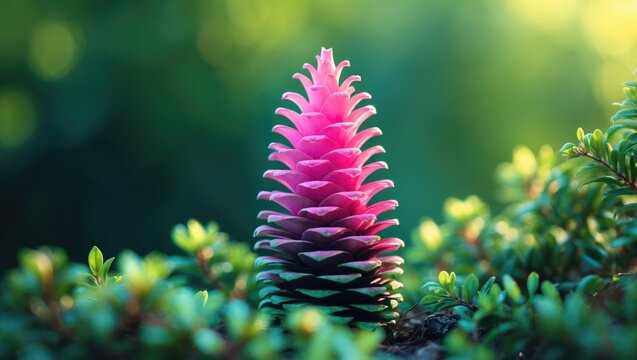 A young female cone of an ordinary spruce, pink in color with scales that invitingly open in preparation for pollen; scientifically known as strobila among gymnosperms. Young cones of a Blue Spruce