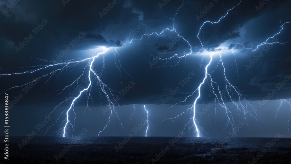 Poster exaggeration of background lightning as thunder rumbles in the backdrop while lightning strikes in t