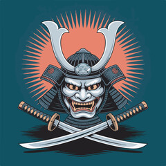 Samurai Helmet Oni Mask Logo Design with Crossed Katanas on Dark Teal Background Orange Sunburst