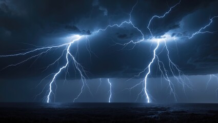 Exaggeration of background lightning as thunder rumbles in the backdrop while lightning strikes in the distant; the background is entirely black with clear lightning overlays. Thunderstorms.