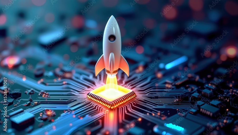 Poster Fiery rocket with glowing flames ascends from microchip on electronic circuit board, symbolizing technological breakthrough and digital innovation in business technology, 3D rendered abstract concept.