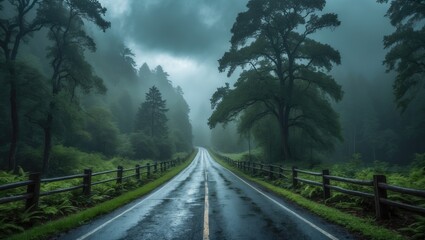A road in a misty woodland on a wet day. Beautiful winding road, trees with green foliage in fog and overcast sky. Landscape featuring an empty asphalt road passing through the woods. Travel
