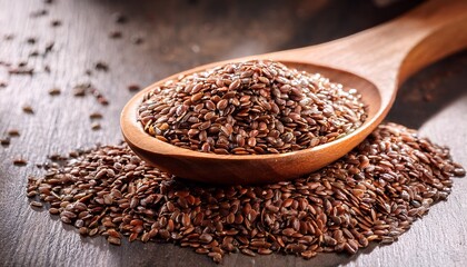 wooden spoon filled with brown seeds spices grains herbal supplement food ingredient