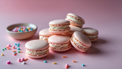 Obraz premium French almond cookies with layers, macarons, macaroons, food photography, food styling, sweets, cookies, cookies with cream, colored cookies, delicious