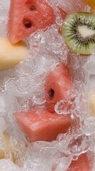 Refreshing ice-covered fruit assortment with watermelon and kiwi