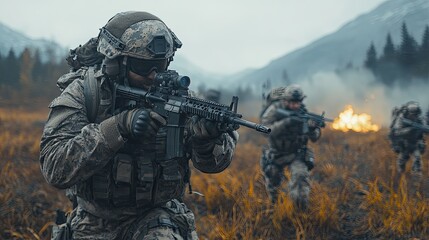 Military engagement with soldiers under drone surveillance while exchanging gunfire in open terrain.