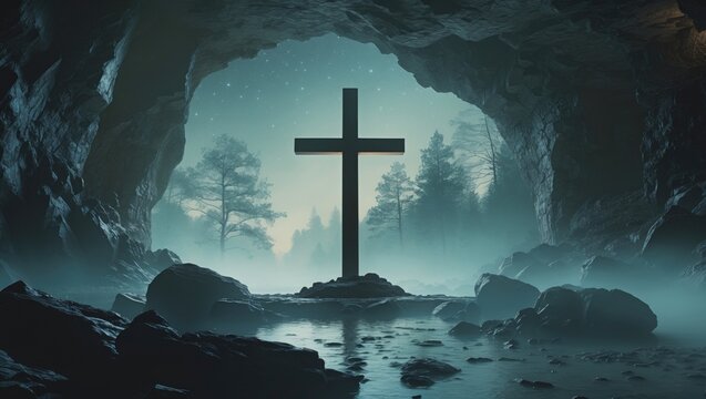 Good Friday concept featuring an Empty tomb with cross against a night background