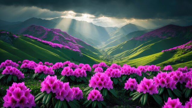 Dramatic sky. Pink rhododendron flowers blanket the hills and meadow during summer. Stunning mountain landscape photograph. Nature revival concept. Colorful background wallpaper.