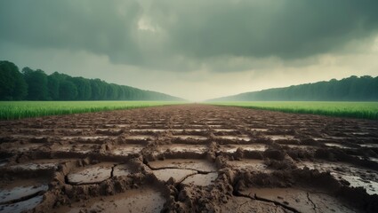 Wet agricultural field with puddles caused by rain, illustrating damage and catastrophe from heavy rainfall; a waterlogged field resulting from heavy rainfall.