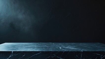 Empty black marble stone table top against a concrete wall background with grunge texture and grey surface, providing space for adding text, images, or products. Loft-style interior design.