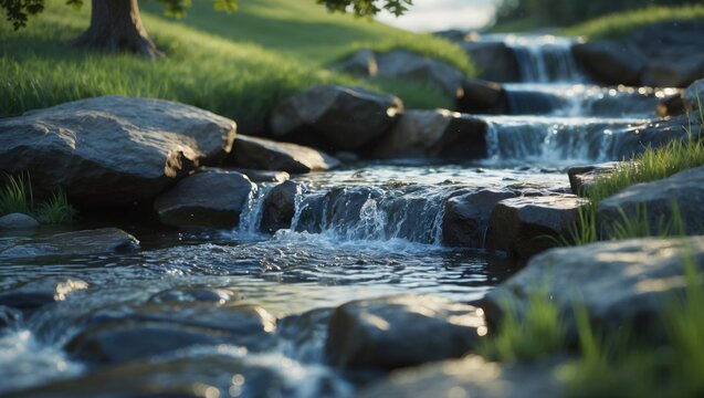 A tranquil stream cascades over rocks amidst a verdant, lush landscape, with a tall tree in the background, forming a calm and scenic scene. Marivan, Kurdistan province - Iran