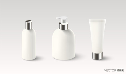 Cosmetic set, cream, shampoo, gel, mockup objects on white background. Vector