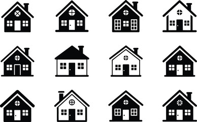 Collection of monochrome house icons illustrating real estate concepts and architectural designs