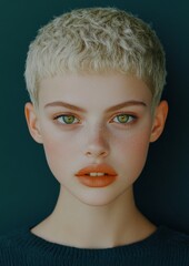 Young caucasian woman with short blonde hair and green eyes