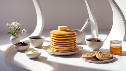 Delicious Russian pancakes with jam, soft cottage cheese, and honey displayed on a marble table. Healthy breakfast featuring ingredients, emphasizing natural products and traditional national cuisine.