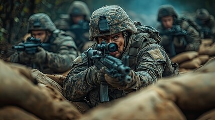 Obraz premium Soldiers firing from behind sandbags while under heavy attack in frontline military combat zone.