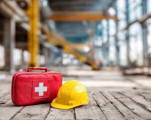 Fototapeta premium A construction site scene with a red first aid kit and a yellow hard hat sitting on weathered wooden planks