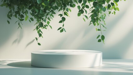 Empty white round PODIUM and natural green eucalyptus branch with shadows on light grey background. Display for product presentation. Mockup for beauty cosmetic advertising. Minimalist backdrop.