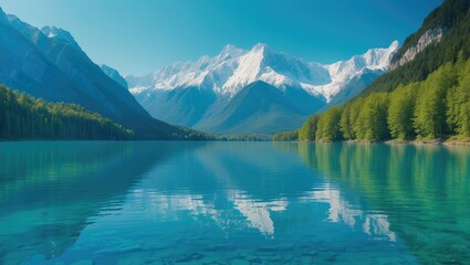 Grand Teton mountain range featuring pine forest and lake reflection in the foreground