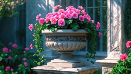 Classical stone urn resting on a carved pedestal with intricate details. Pink begonias and trailing greenery adorn the urn. The pedestal showcases an ornate pattern. Located in a garden.