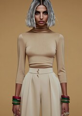 Young hispanic woman in stylish beige attire with silver hair and bangles