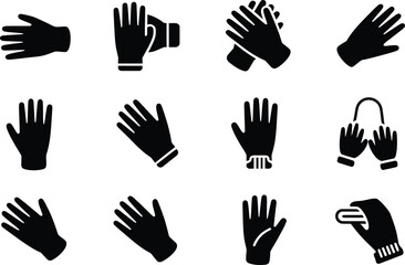 Collection of black and white vector icons representing protective hand gloves in various styles