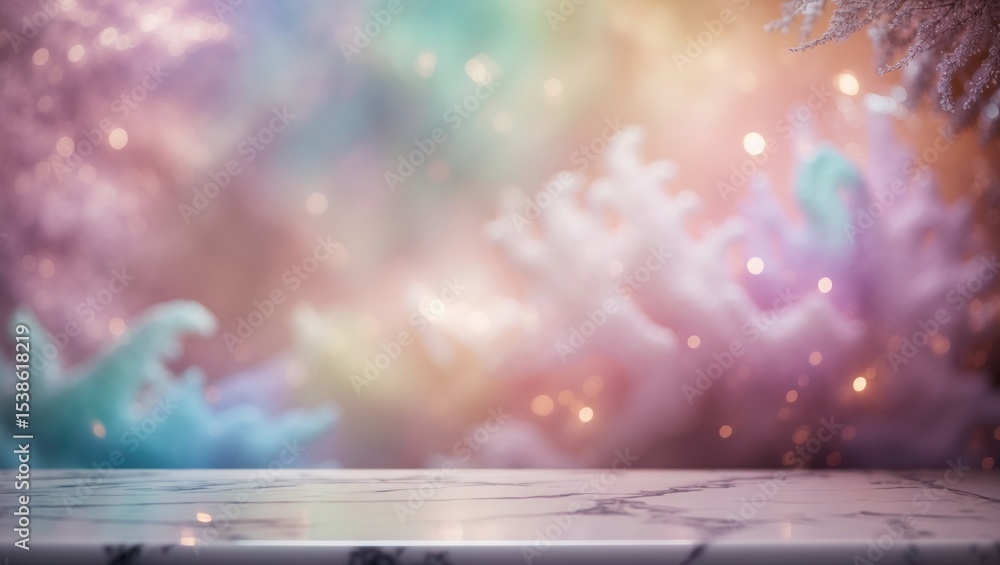 Poster empty white marble table top with abstract muted blur christmas tree and snowfall background with bo