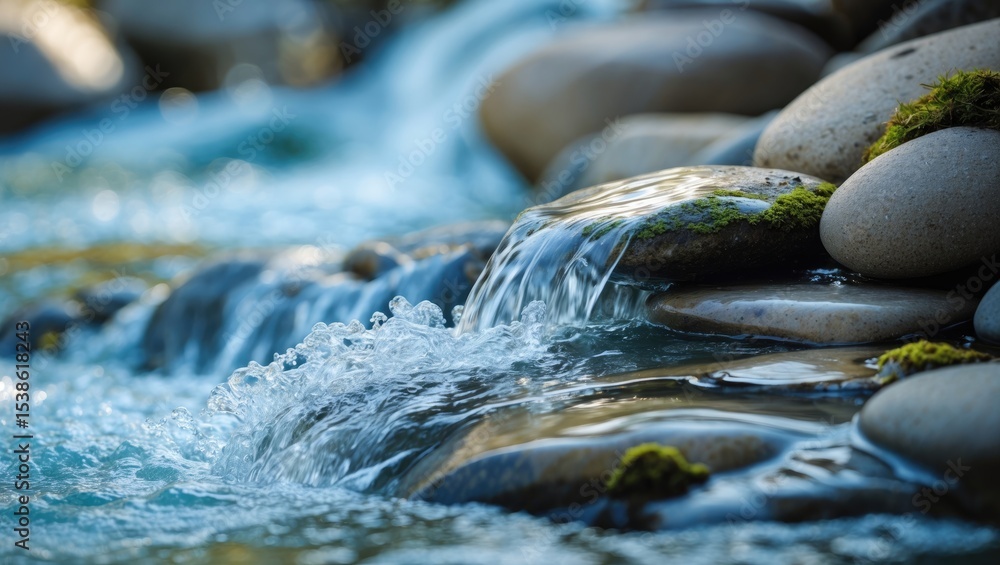 Poster a stream of water flows smoothly over a rocky surface. the water is transparent and tranquil, with a