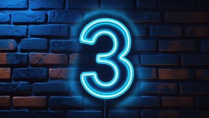 Illuminated neon number 3 sign displayed on a brick wall
